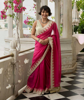 TWIRL Temple Border Handloom Pure Cotton Saree(Pink)