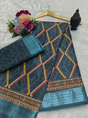 Gajal Printed, Floral Print Kanjivaram Linen, Cotton Linen Saree(Dark Blue)