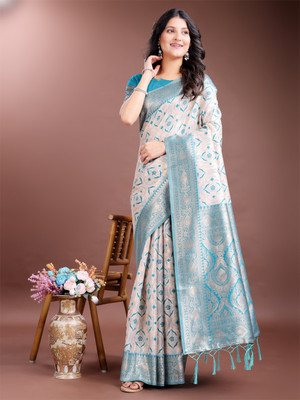 ASTITA Woven Saree with Attached Blouse Cotton Linen Saree(Dark Blue)