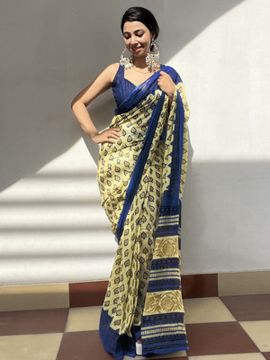 Divastri Printed Bollywood Cotton Blend Saree(Yellow)
