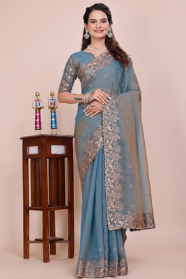 NEELMADHAV FASHION Embroidered Bollywood Tissue Saree(Grey)