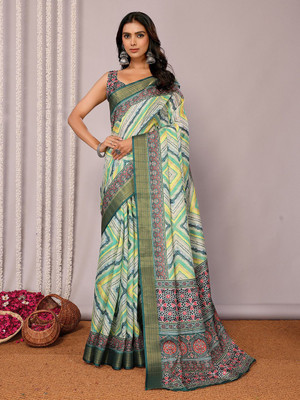 Janasya Printed, Floral Print Chanderi Silk Blend Saree(Green)