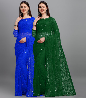 LOROFY Self Design Bollywood Net Saree(Pack of 2, Green, Blue)