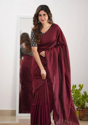 CLOTHARS Solid/Plain Handloom Khadi Saree(Maroon)