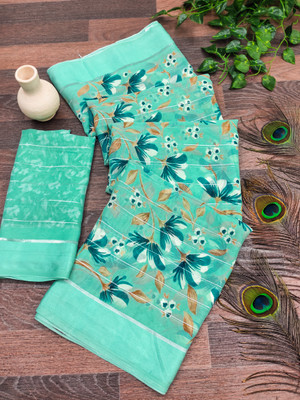 kashvi sarees Floral Print Saree with Attached Blouse Georgette, Satin Saree(Green)