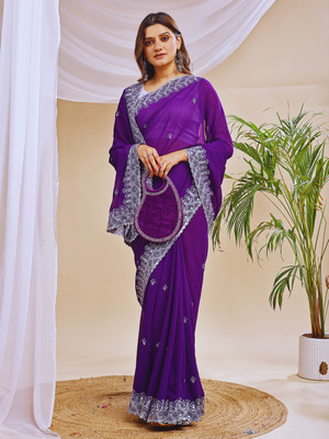 HESVI Embellished Bollywood Georgette Saree(Purple)