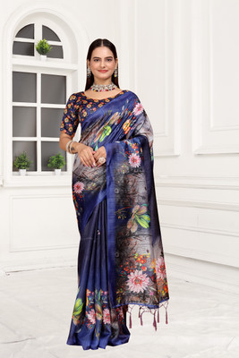 Pranamita Digital Print Bollywood Silk Blend Saree(Dark Blue)