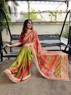 2SD gratitude Printed Bandhani Chiffon Saree(Green)