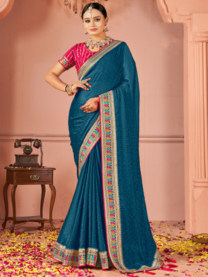 Tasrika Embroidered Bollywood Silk Blend Saree(Blue)