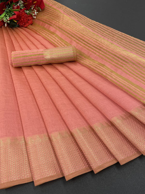 GOGAJI COLLECTION Temple Border, Woven Kanjivaram Cotton Silk, Chanderi Saree(Orange)