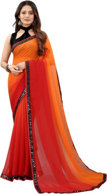 For And Ever Embroidered, Embellished Bollywood Georgette Saree(Orange, Red)