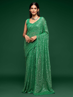 odette Embroidered Saree with Attached Blouse Georgette Saree(Green)