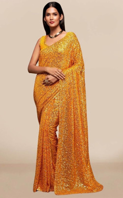 GREENA CREATION Embroidered, Woven, Self Design, Embellished Bollywood Georgette Saree(Yellow)