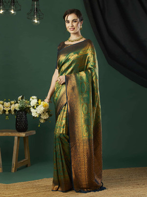 AKSHAR PATRON ENTERPRISE Solid/Plain Kanjivaram Pure Silk Saree(Dark Green)