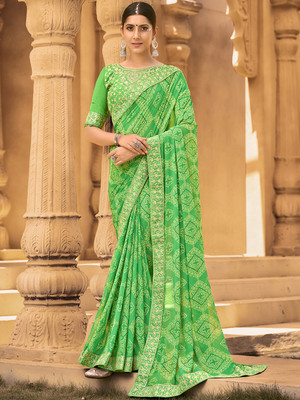 Divastri Embroidered Bandhani Georgette Saree(Green)