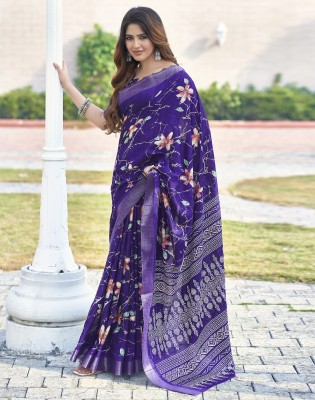 Divastri Floral Print, Printed Daily Wear Silk Blend, Pure Silk Saree(Purple, Multicolor)