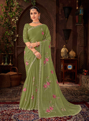 Laxmipati sarees Embroidered Saree with Attached Blouse Chiffon Saree(Green)