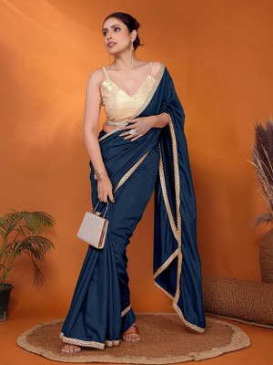 Saubhagyavati Solid/Plain Bollywood Cotton Blend Saree(Dark Blue)