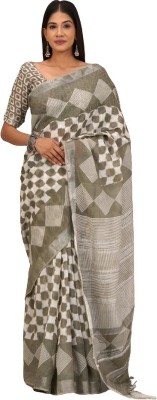 Kiaaron Printed Ikkat Cotton Linen Saree(Grey)