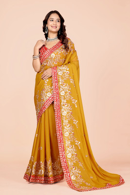 Aksh Fashion Embroidered Bollywood Georgette Saree(Yellow)