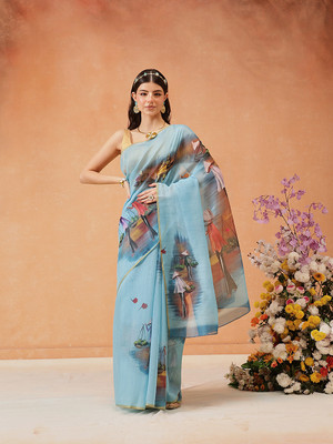 Divastri Digital Print Chanderi Cotton Blend Saree(Light Blue, Multicolor)