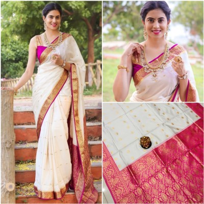 KHANJAN FASHION Floral Print, Geometric Print, Self Design, Woven Paithani Pure Silk, Jacquard Saree(White, Pink)