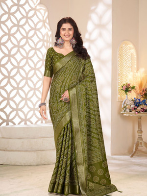 HouseOfCommon Printed Bandhani Art Silk Saree(Green)