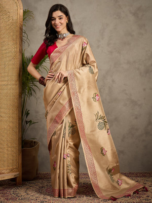 Tasrika Printed Banarasi Silk Blend Saree(Beige)