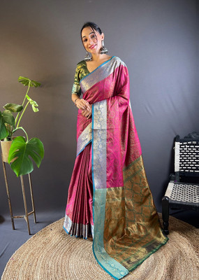 SGF11 Self Design Handloom Pure Silk Saree(Pink)