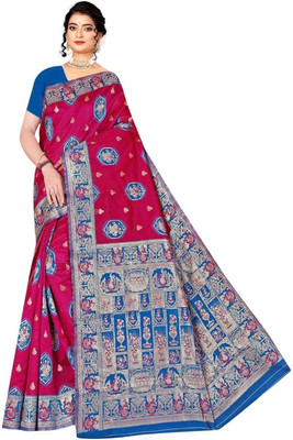Radharani fusion Woven, Temple Border Paithani Art Silk Saree(Pink, Blue)