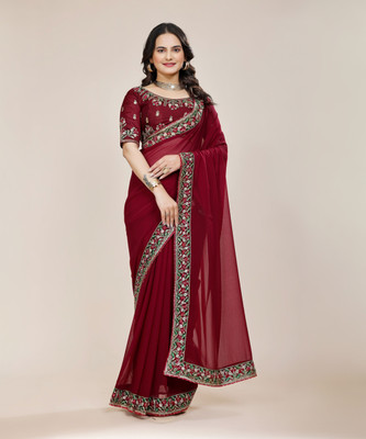 Tejal Creation Solid/Plain, Embroidered Bollywood Georgette Saree(Pack of 2, Maroon)