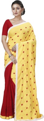 DipDiya Embroidered Handloom Pure Cotton Saree(Yellow, Red)