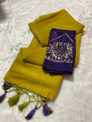 DJHANDPRINTS Solid/Plain Bollywood Chiffon, Silk Blend Saree(Yellow)