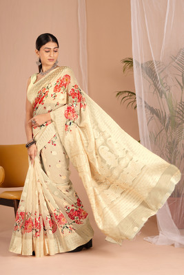 WISHLIST Digital Print Bollywood Cotton Blend Saree(Yellow)