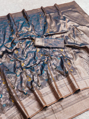 Keswi Fab Woven Banarasi Jacquard, Pure Silk Saree(Grey)