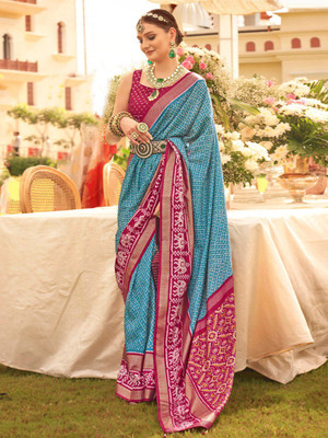 ANOUK Woven Patola Silk Blend Saree(Blue)