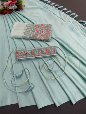 Ethina Fashion Embroidered Bollywood Satin Saree(Light Blue)