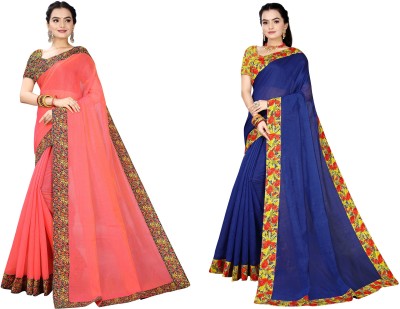 manish Printed Chanderi Cotton Blend Saree(Pack of 2, Blue, Pink)