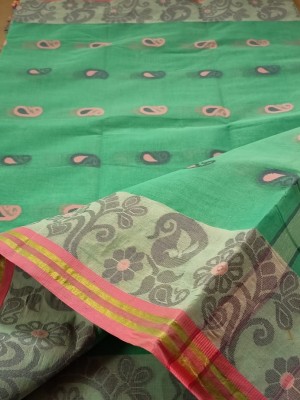 Chande Woven Tant Handloom Cotton Blend Saree(Light Green)