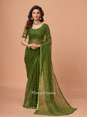 VANRAJ CREATION Self Design Bollywood Net Saree(Light Green)