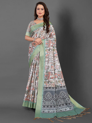 Divastri Printed Daily Wear Silk Blend Saree(White)