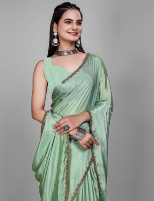 M MAANVIT Embellished, Embroidered, Solid/Plain Kanjivaram Jimmy choo, Chiffon Saree(Light Green)