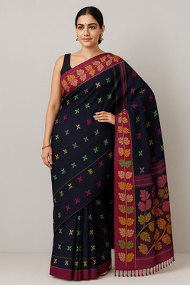 Pradip Fabrics Self Design Tant Cotton Blend Saree(Black)