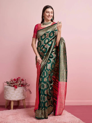 SAPTVI Self Design, Woven Banarasi Jacquard, Silk Blend Saree(Green)