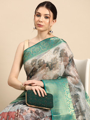 Tasrika Digital Print Banarasi Silk Blend Saree(Grey, Multicolor)
