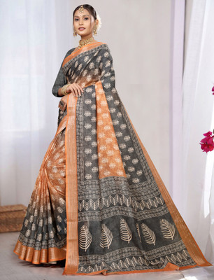 Gajal Printed, Woven Kanjivaram Pure Cotton, Cotton Linen Saree(Mustard, Black)