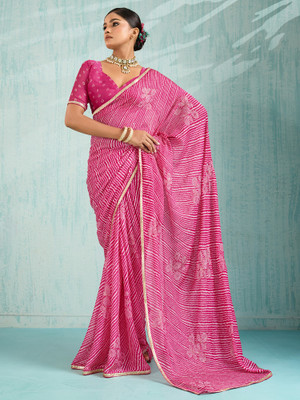 ANOUK Printed Leheria Chiffon Saree(Pink)