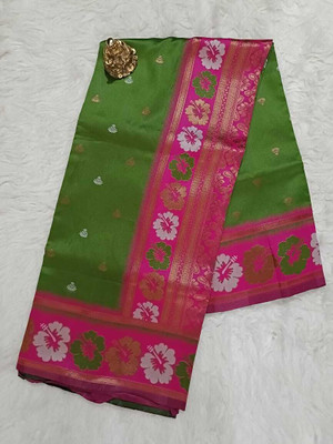 Indesa Floral Print Banarasi Art Silk Saree(Light Green)