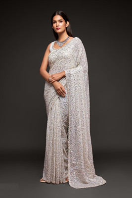 DIVINE INTERNATIONAL TRADING CO Embellished, Embroidered Bollywood Georgette Saree(White)