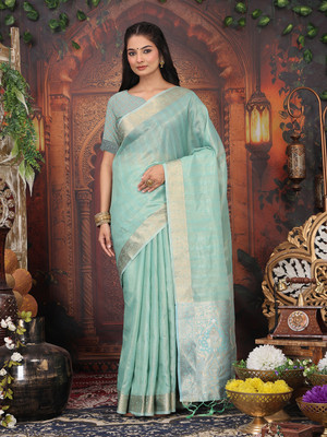 HouseOfCommon Woven Banarasi Organza Saree(Light Green)